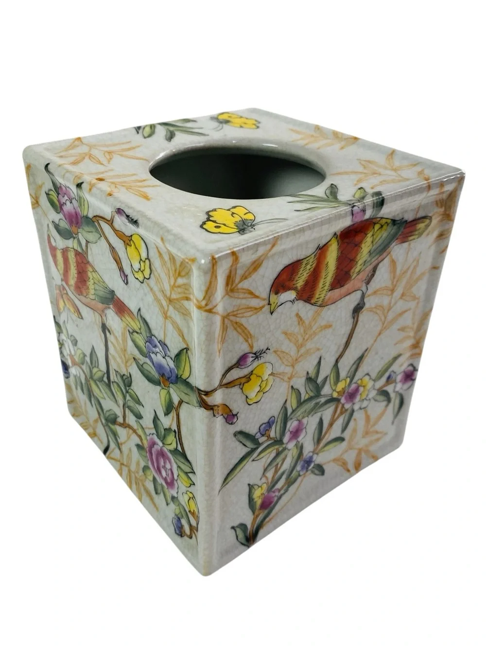 Chinoiserie Tole Bird Ceramic Tissue Box Cover